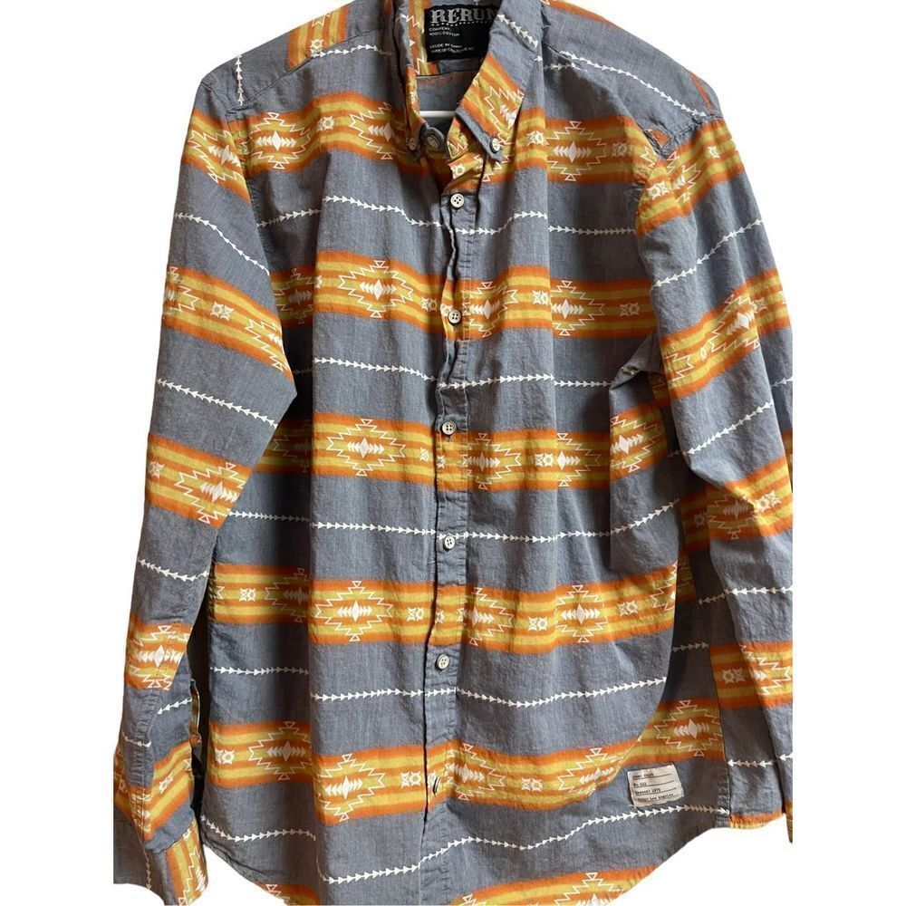 Rerun Men's Multi Color Aztec Tribal Pattern Button Down Long Sleeves Size L